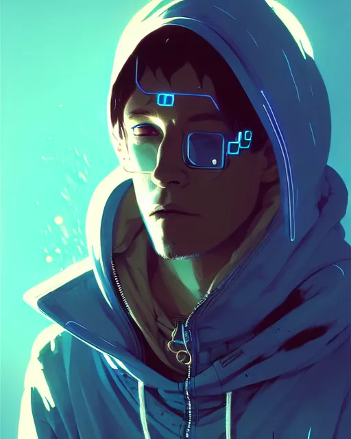 Image similar to cyberpunk synth, hyper - realistic portrait of a man in a hoodie, cyberpunk, anime style, by atey ghailan, by greg rutkowski, by greg tocchini, by james gilleard, by joe fenton, by kaethe butcher, dynamic lighting, gradient light blue, brown, cinematic lighting color scheme, sharp focus, grunge aesthetic