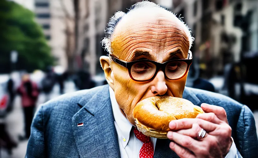 Image similar to photograph of Rudy Giuliani eating a bagel, one point perspective, 1-point perspective, tilt shift, sigma 85mm f/1.4, 4k, depth of field, high resolution, 4k, 8k, hd, full color