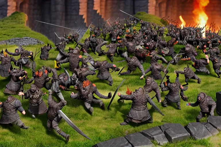 Image similar to diorama of minions fighting orcs in the battle of helm's deep, giant castle walls, realistic, 4 k, detailed