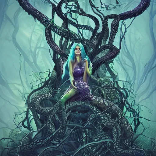 Prompt: the dark queen of snakes dawning a crown of vines, blue skin, realism, dark fantasy illustration, surrounded by snakes in a twisted forest, dramatic lighting, octane render, artstation