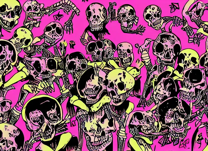 Image similar to skeleton rave in hell, digital art