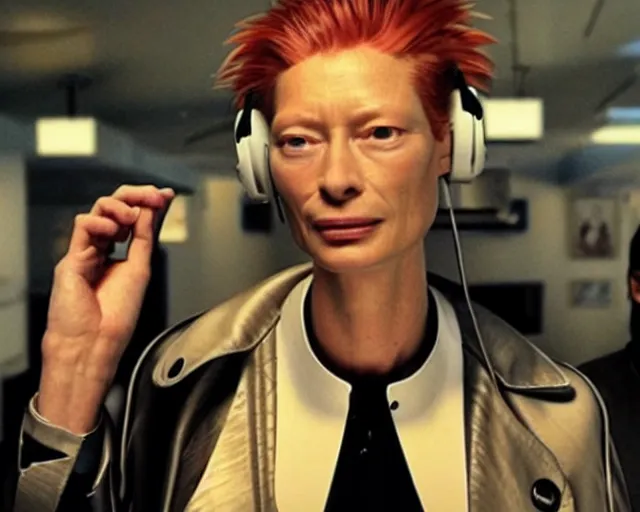 Image similar to Tilda Swinton as a techno DJ in Hideo Kojima's Snatcher