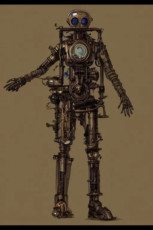 Prompt: a detailed concept art of a steampunk android, by moebius, by beeple