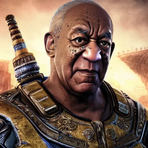 Prompt: asian!! bill cosby with conical hat in gears of war, splash art, movie still, detailed face, photorealistic facial features, cinematic lighting, dramatic, octane render, long lens, shallow depth of field, bokeh, anamorphic lens flare, 8 k, hyper detailed, 3 5 mm film grain