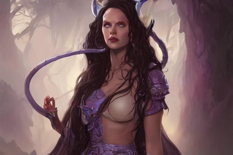 Image similar to Attractive Tiefling Druid, She has light brown skin, dark purple hair, and silver eyes full body, dungeons and dragons portrait, highly detailed, digital painting, artstation, concept art, sharp focus, illustration, art by artgerm and greg rutkowski and alphonse mucha