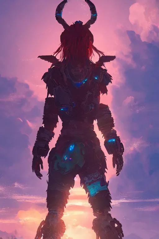 Image similar to combination suit armor aloy horizon forbidden west horizon zero dawn radiating a glowing aura global illumination ray tracing hdr fanart arstation by ian pesty and alena aenami artworks in 4 k tribal robot ninja mask helmet backpack