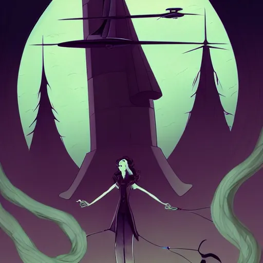 Prompt: abigail larson, don bluth, artgerm, joshua middleton, purple color pallete, welcome to night vale, radio tower with black hole above it, helicopter, spooky strange weird quirky, cartoon, 2 d, chiral lighting