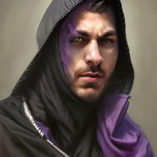 Image similar to ultra realistic illustration, man in a black hood, in a striped purple balaclava, mysterious, highly detailed, digital painting, artstation, concept art, smooth, sharp focus, illustration, art by artgerm and greg rutkowski and alphonse mucha