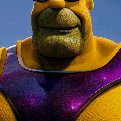 Image similar to CG 3D Homer Simpson as Thanos, cinematic, 4K