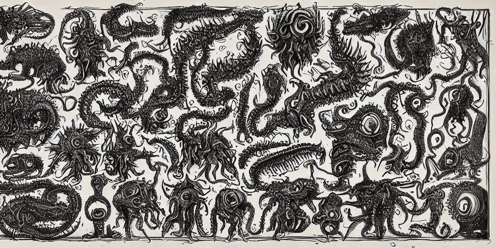 Image similar to detailing reference sheet of lovecraftian unnamed creatures in the style of copper plate etching