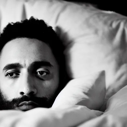 Prompt: black and white press photograph, highly detailed portrait of a depressed drug dealer lying in bed, detailed face looking into camera, eye contact, natural light, mist, fashion photography, film grain, soft vignette, sigma 85mm f/1.4 1/10 sec shutter, Darren Aronofsky film still promotional image, IMAX 70mm footage