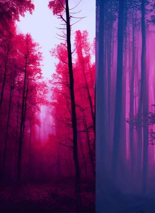 Image similar to red forest liminal space, night, artgerm, rutkowski, tooth wu, beeple, and intricate