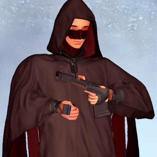 Image similar to a dark cloak, the face isn't visible, with a handgun sticking out, photorealistic