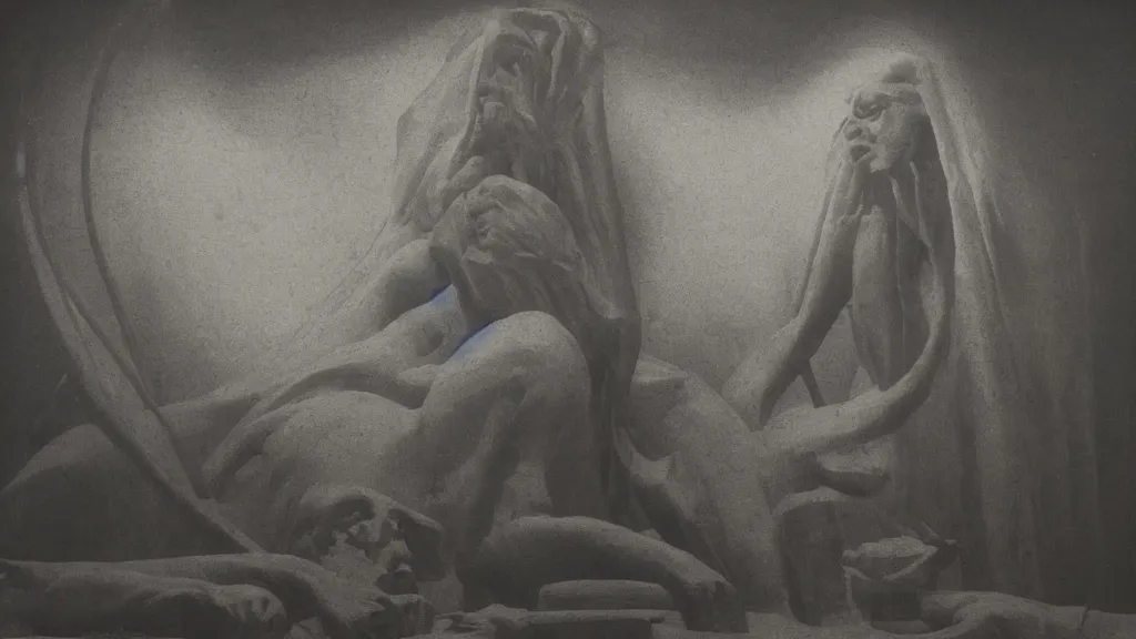 Prompt: a medieval chiaroscuro lithograph of a colossal sculpture by kurt seligmann and edward steichen and hiroshi sugimoto, whose mothers live between an easy life and a memory to be out of a fog, dark and dreamy