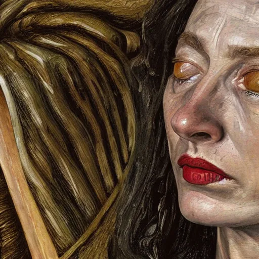 Image similar to high quality high detail painting by lucian freud, hd, galadriel from lord of the rings