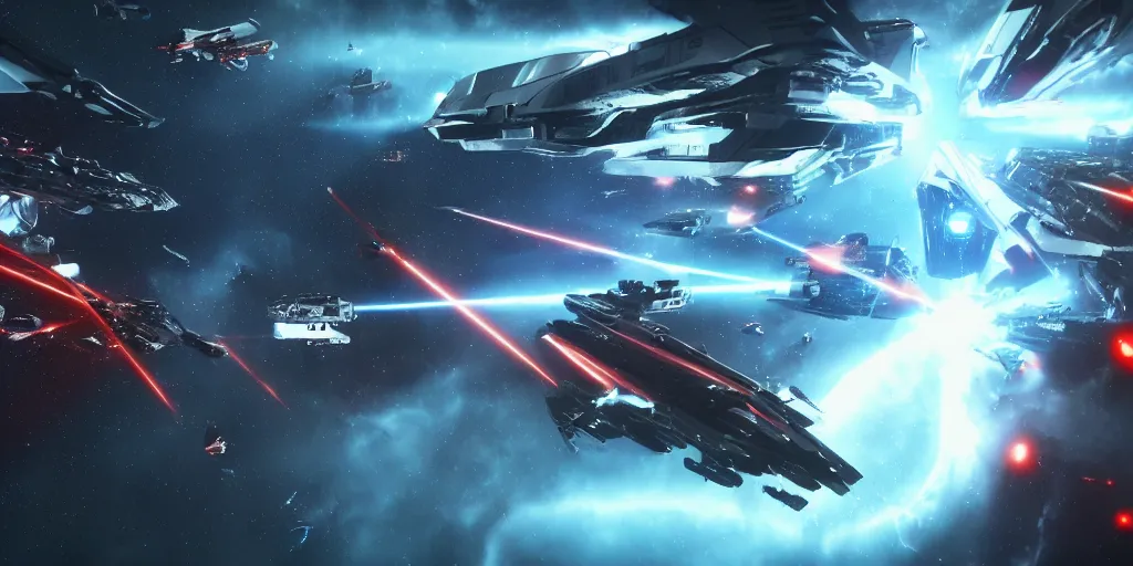 Image similar to spaceship battle scene, cinematic scifi shot, laser fire, explosions, ultra realistic details, by george lucas, 8 k