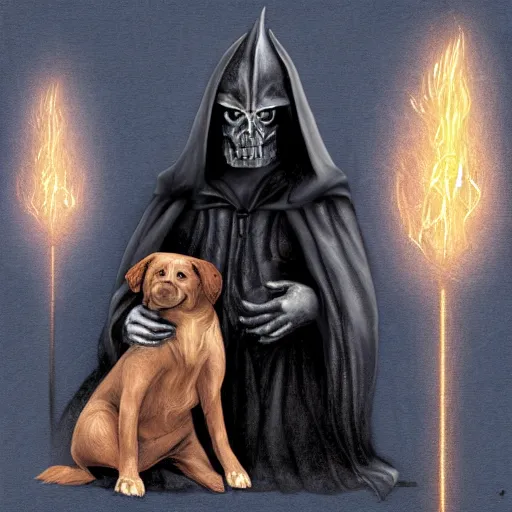 Prompt: the dark Lord petting his dog, Digital art,