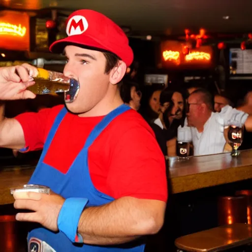 Prompt: super mario chugging a beer and getting drunk at a bar