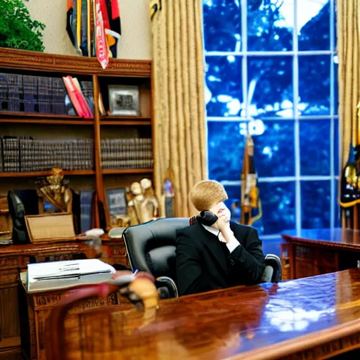 Prompt: professional photograph of yung lean sitting in the oval office desk speaking to a news reporter at night time, 8 k, very detailed, very intricate,