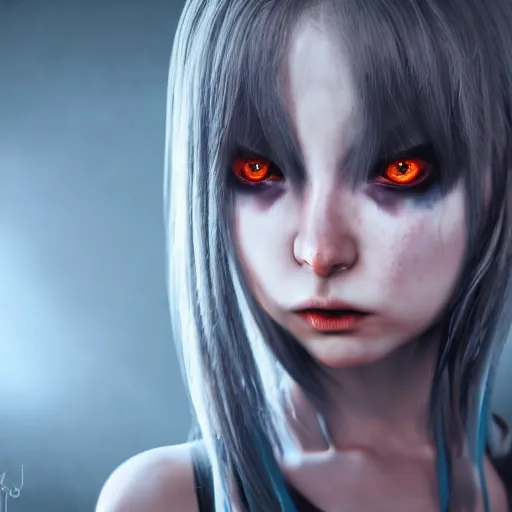 Image similar to photorealistic full shot portrait of angry darkness anime girl, inspired by tim burton, detailed, unreal engine 4 k, volumetric light, fog