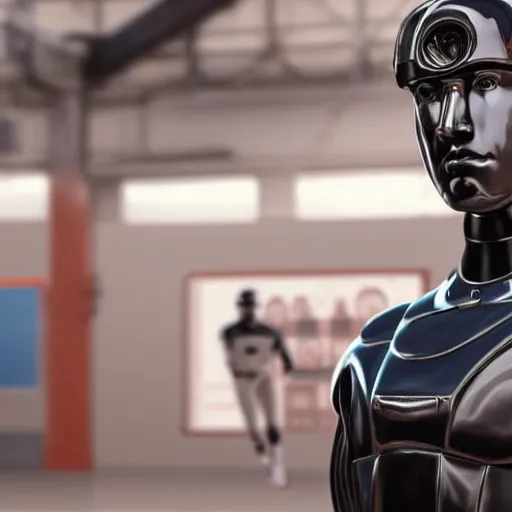 Image similar to a realistic detailed photo of a guy who is an attractive humanoid who is half robot and half humanoid, who is a male android, attractive and handsome baseball players, shiny skin, posing like a statue, blank stare, in a factory, on display, showing off his muscles, wearing baseball uniforms, side view, looking at each other mindlessly