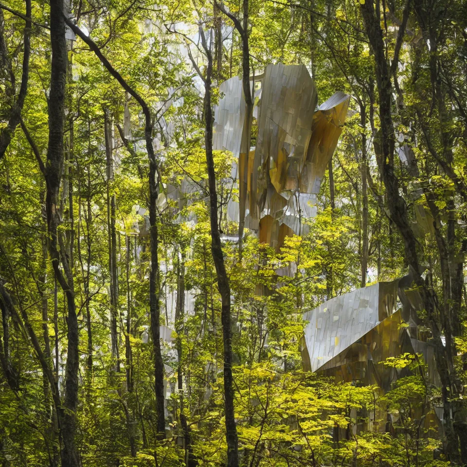 Prompt: a tiny tiny house in a light forest, designed by Frank Gehry. Tiles. Film grain, cinematic, yellow hue