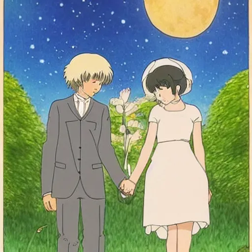 Image similar to the marriage of the moon and the sun, studios ghibli style