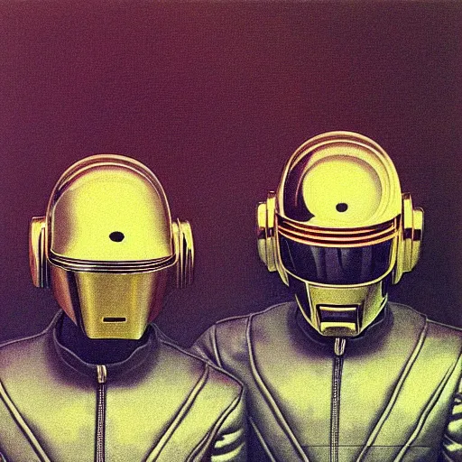 Prompt: album art portrait of daft punk, painted by zdzislaw beksinski