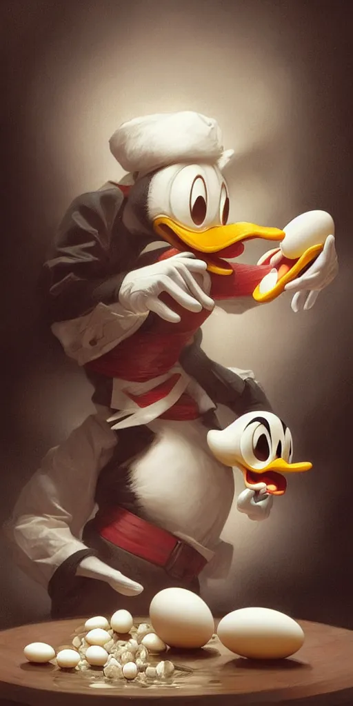 Prompt: realistic photography of a terrified donald duck eating hard boiled eggs, deep focus, intricate, elegant, highly detailed, digital painting, artstation, concept art, matte, sharp focus, illustration, art by artgerm and greg rutkowski and alphonse mucha