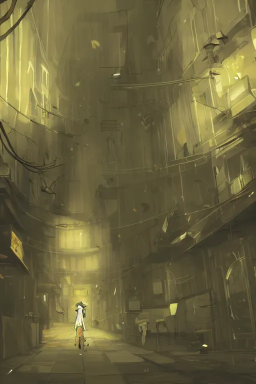 Prompt: white and yellow colors. Alleyway in style of cytus and deemo, mysterious vibes, set in half-life 2, beautiful with eerie vibes, very inspirational, very stylish, surrealistic, perfect digital art, mystical journey in strange world, bastion game