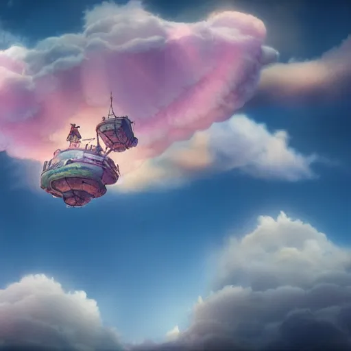 Prompt: Cloud Jumper, a steampunk world with a cute flying ship in fluffy pink clouds and soft light and floating islands in the distance, octane render, watercolor