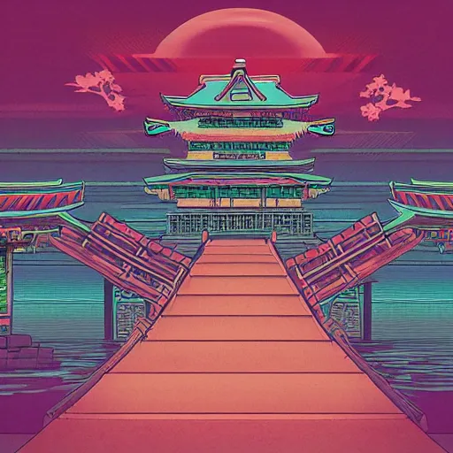 Image similar to ancient japanese structure, epic retrowave art, trending on art station