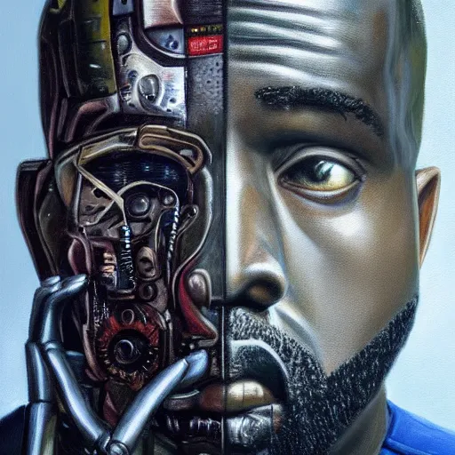 Image similar to a realistic oil painting of a cybernetic kanye west cyborg, surrealism portrait, post apocalyptic album cover