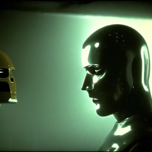 Prompt: movie scene of a man with a robot head, movie still, cinematic composition, cinematic light, criterion collection, reimagined by industrial light and magic, Movie by David Lynch and Ridley Scott and andrzej zulawski