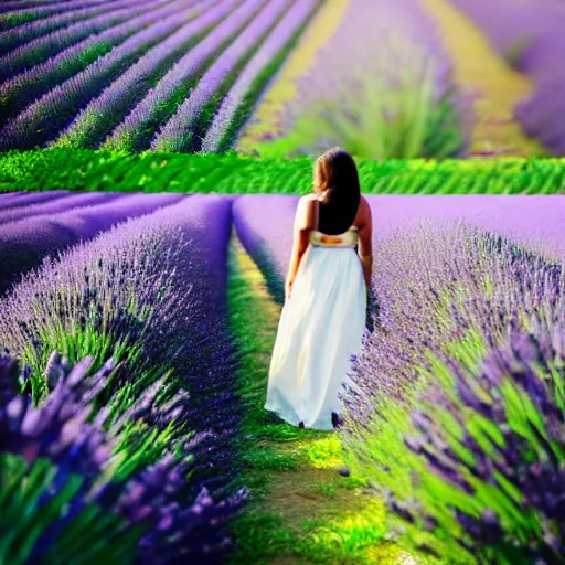 Image similar to a beautiful woman walking through a lavender field , cinematic, 8k, glowing