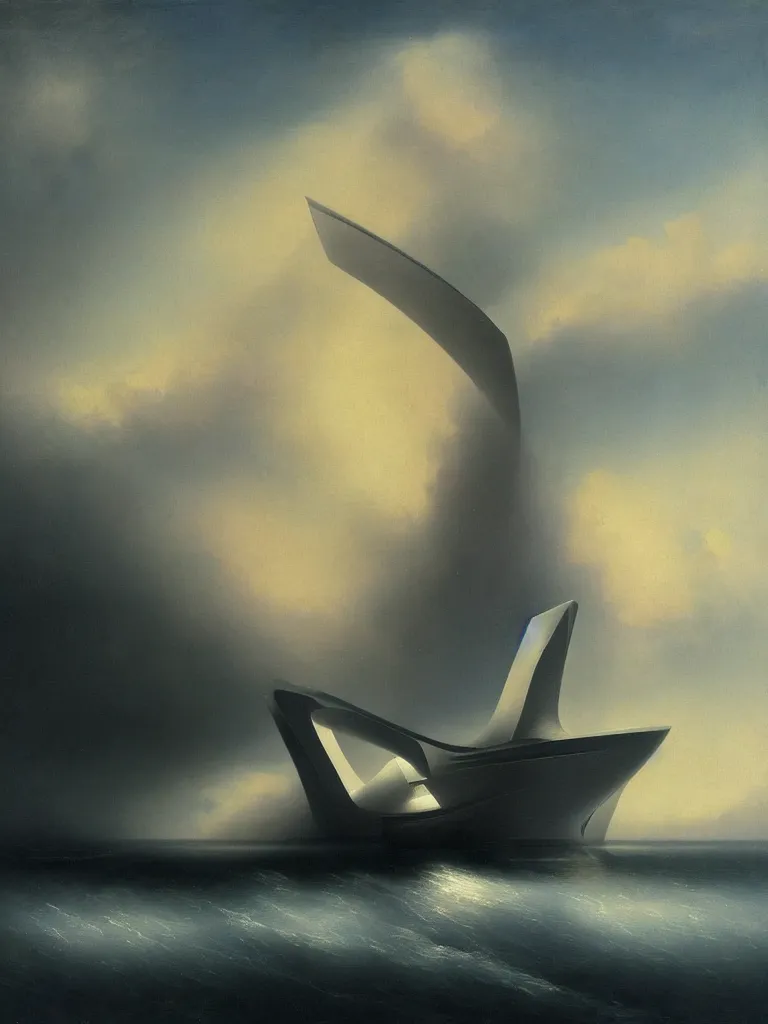 Image similar to minimalist futuristic zaha hadid spaceship painting by ivan aivazovsky