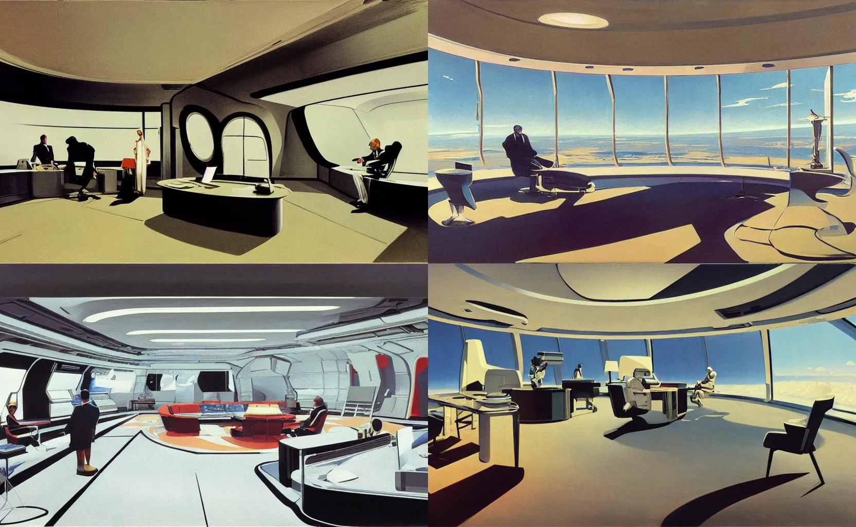 Prompt: the inside of the Oval Office in the far future, in space, sleek, futuristic, sci-fi, painting by Syd Mead and Edward Hopper