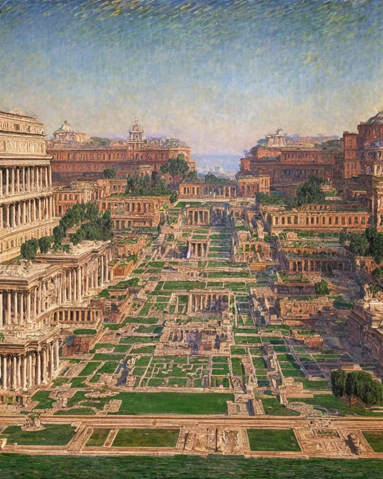 Prompt: achingly beautiful painting of intricate ancient victor emmanuel ii roma on jade background by rene magritte, monet, and turner. giovanni battista piranesi. giuseppe sacconi, ettore ferrari, manfredo manfredi, gaetano koch, pio piacentini
