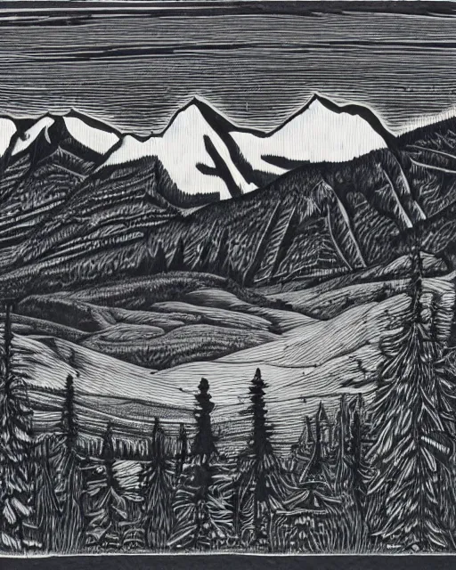 Prompt: an award winning Wood engraving on paper of The Canadian rockies