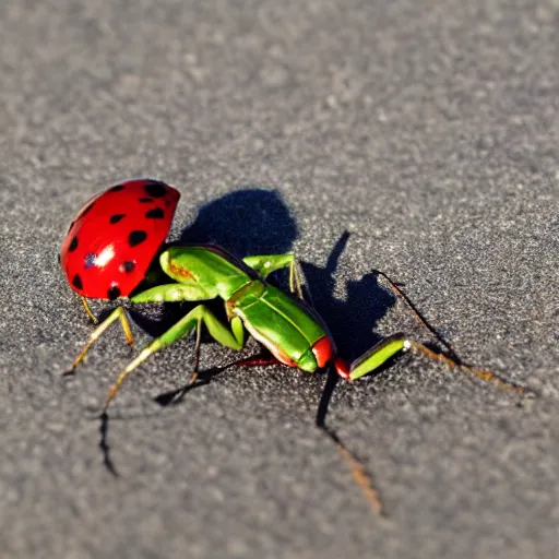 Image similar to a macro tilt shift render of a praying mantis eating a ladybug