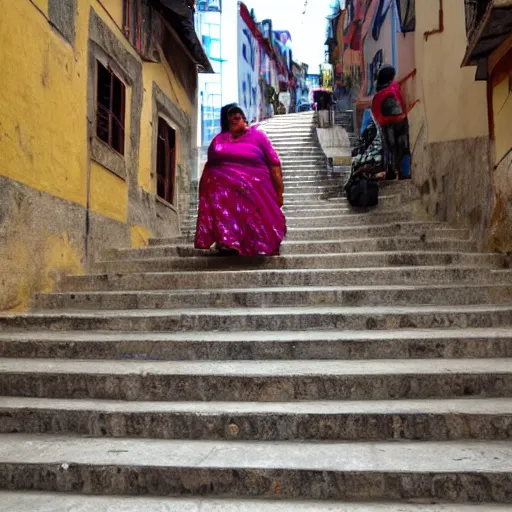 Image similar to an obese Indian woman with rollator climbing steps in Porto