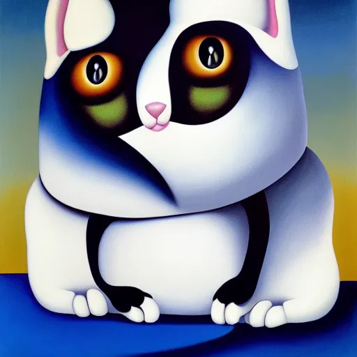 Prompt: a painting of a black and white cat with blue eyes, a surrealist painting by Fernando Botero, behance contest winner, pop surrealism, surrealist, poster art, cubism