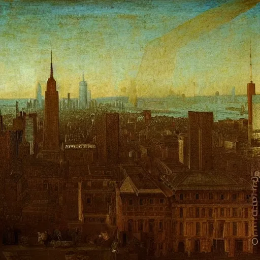 Prompt: Modern City Skyline, painted by Leonardo Da Vinci