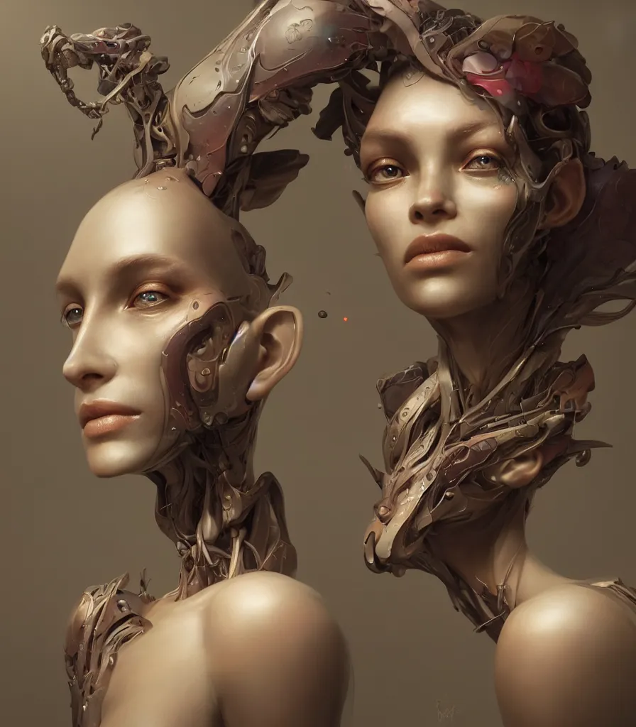 Prompt: a beautiful portrait of organic humanoid | one character | front close - up face | looking straight ahead | front, full body, volumetric, symetrical close up, octane render, ultra details, by peter mohrbacher, zaha hadi