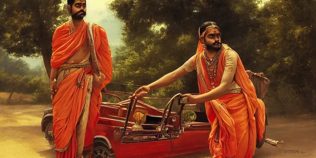 Prompt: man driving a car in the style of raja ravi varma, ultra detailed, high detail, realism,