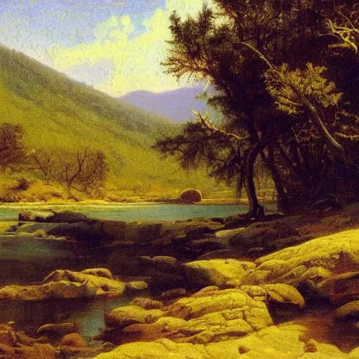 Prompt: violent natural spring in the mountains, idyll, wild nature, hudson river school painting, naturalism