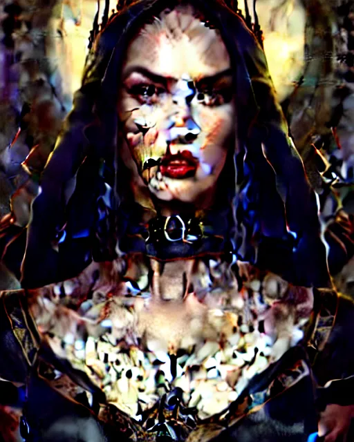 Prompt: megan fox witch queen, black eyes, blood, full body, intricate victorian dress, middle shot, cinematic lighting, studio quality, symmetrical eyes, artgerm, joshua middleton, rafael albuquerque, moody lighting, candles, art style by klimt, nixeu and ian sprigger and wlop and krenz cushart