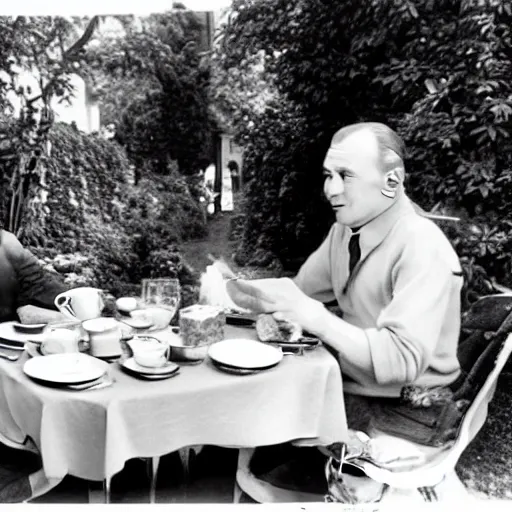 Prompt: J. R. R. Tolkien having afternoon tea with Robert plane, photograph 1968