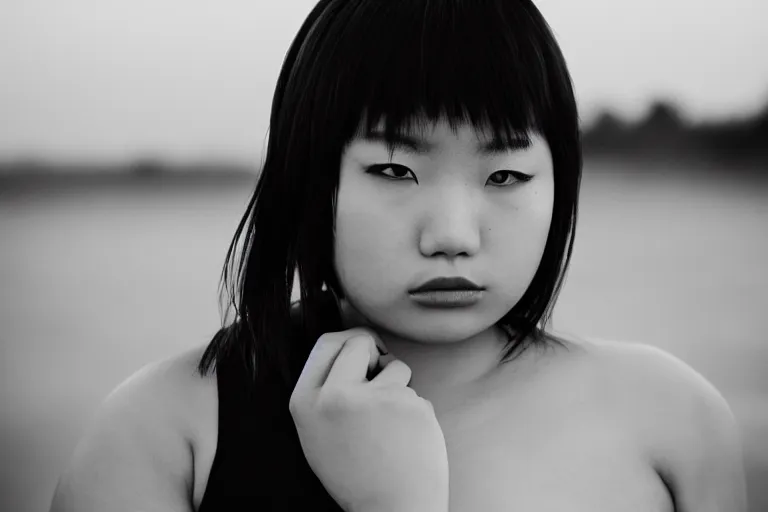 Image similar to beautiful gorgeous curvy Japanese edgy model girl with short hair, she's sad, sunset, 80mm lens, 1.2 aperture, grainy image, close up