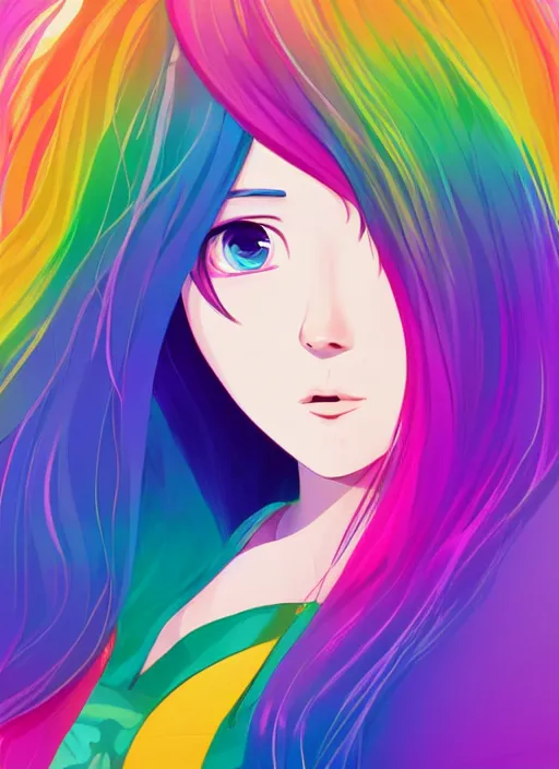 Image similar to a young woman with beautiful rainbow hair. she looks very sad. she is crying. clean cel shaded vector art. shutterstock. behance hd by lois van baarle, artgerm, helen huang, by makoto shinkai and ilya kuvshinov, rossdraws, illustration, art by ilya kuvshinov